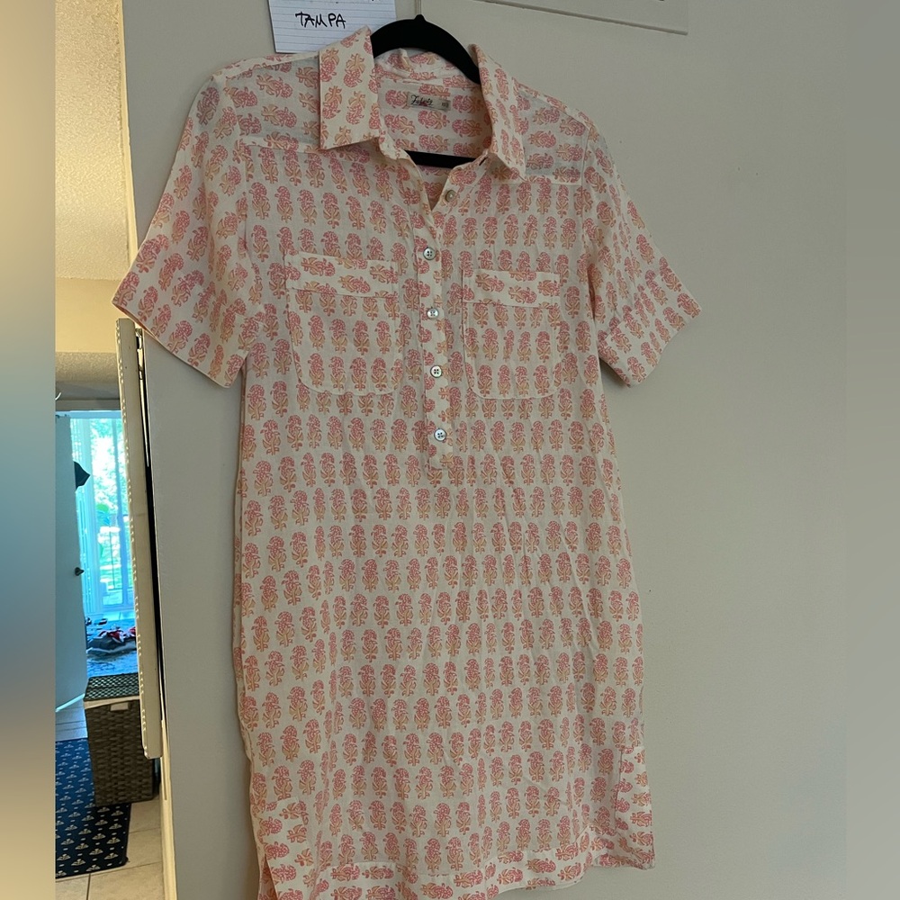 Faherty Taj Dress Women XSmall Linen Floral Shirt Collar Button Pockets - Picture 2 of 4